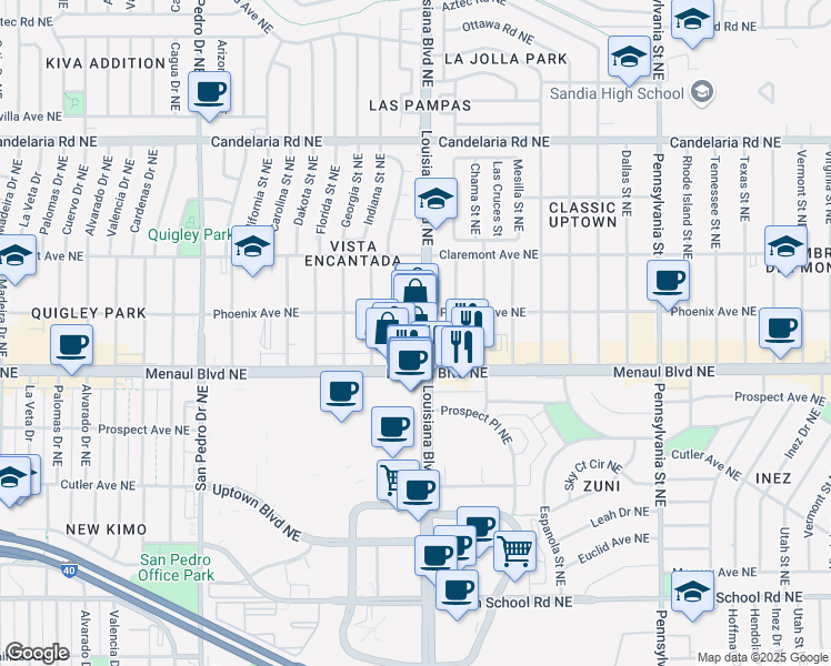 map of restaurants, bars, coffee shops, grocery stores, and more near 2671 Louisiana Boulevard Northeast in Albuquerque