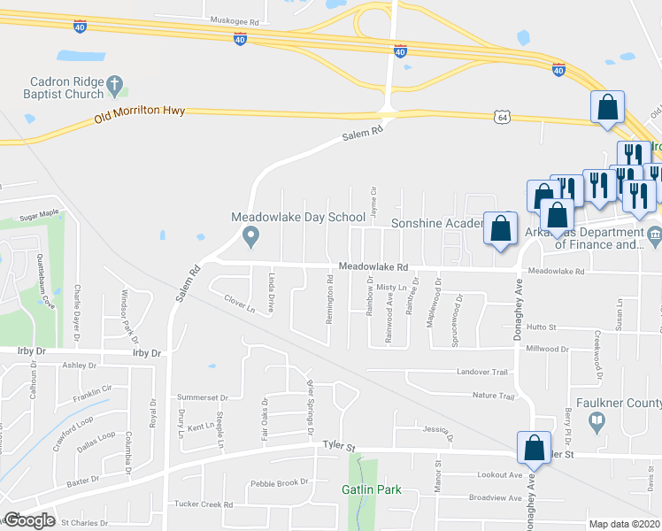 map of restaurants, bars, coffee shops, grocery stores, and more near 2498 Meadowlake Road in Conway