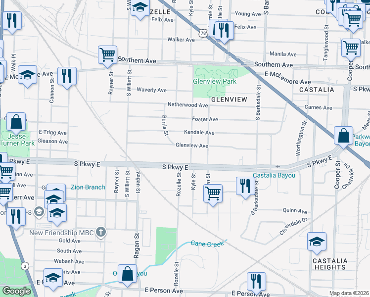 map of restaurants, bars, coffee shops, grocery stores, and more near 1691 Glenview Avenue in Memphis