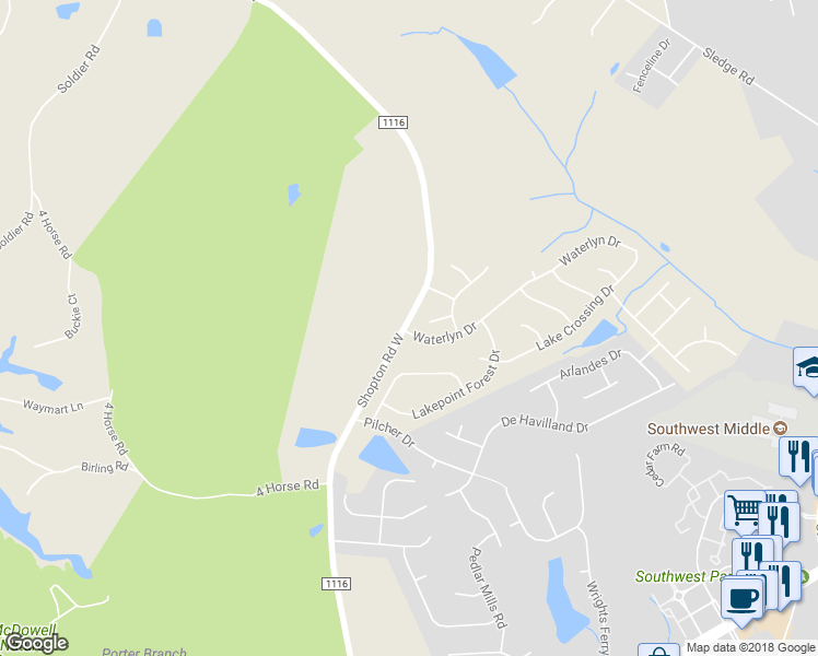 map of restaurants, bars, coffee shops, grocery stores, and more near 14650 Waterlyn Drive in Charlotte