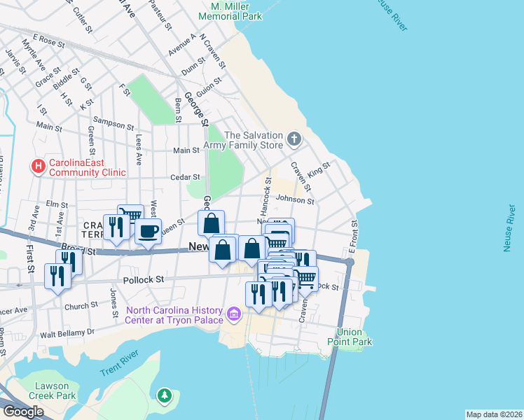 map of restaurants, bars, coffee shops, grocery stores, and more near 517 Hancock Street in New Bern