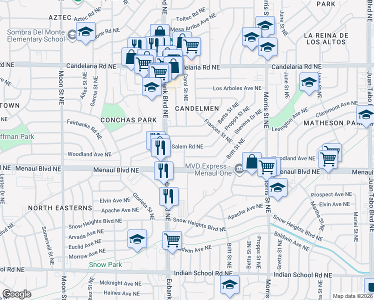 map of restaurants, bars, coffee shops, grocery stores, and more near 9800 Salem Road Northeast in Albuquerque