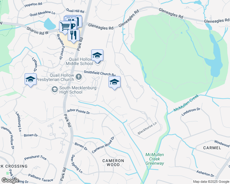 map of restaurants, bars, coffee shops, grocery stores, and more near 3200 Smithfield Church Road in Charlotte