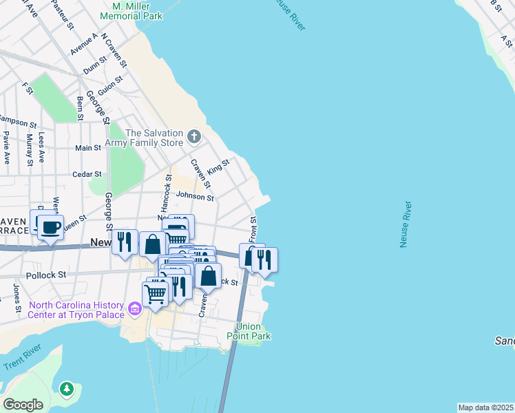 map of restaurants, bars, coffee shops, grocery stores, and more near 516 E Front St in New Bern