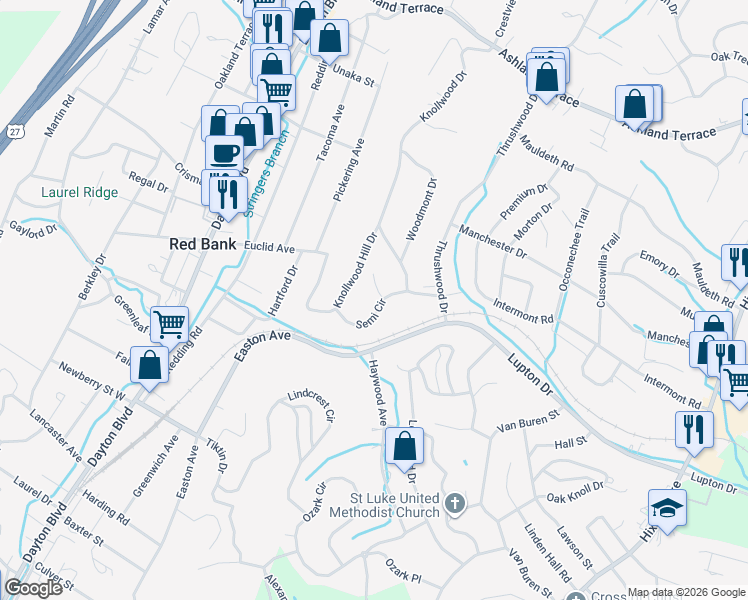 map of restaurants, bars, coffee shops, grocery stores, and more near 535 Semi Circle in Chattanooga