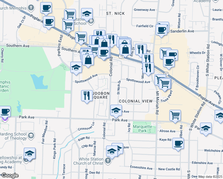 map of restaurants, bars, coffee shops, grocery stores, and more near in Memphis