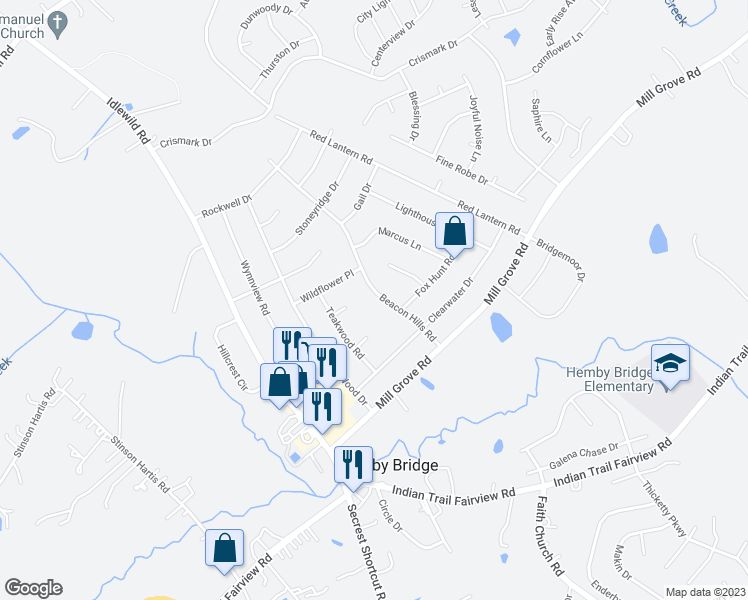 map of restaurants, bars, coffee shops, grocery stores, and more near 8009 Beacon Hills Road in Indian Trail