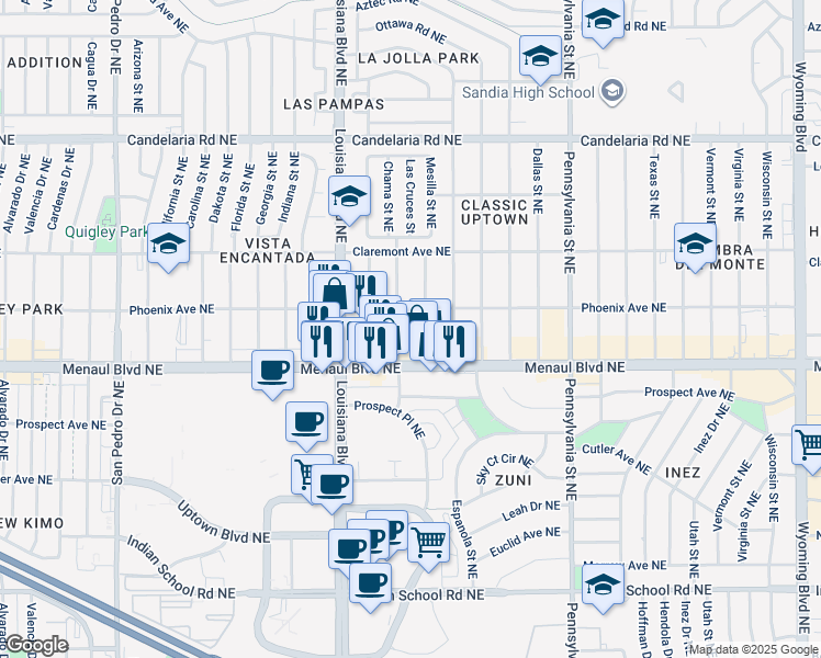 map of restaurants, bars, coffee shops, grocery stores, and more near 7000 Phoenix Avenue Northeast in Albuquerque
