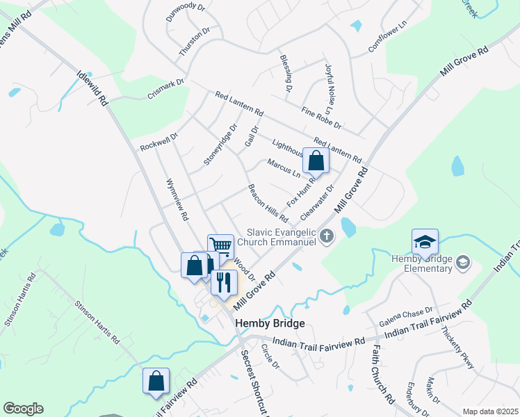 map of restaurants, bars, coffee shops, grocery stores, and more near 8011 Beacon Hills Road in Indian Trail