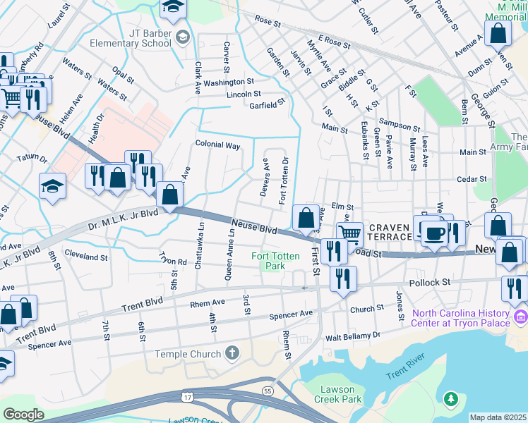 map of restaurants, bars, coffee shops, grocery stores, and more near 1503 McArthur Avenue in New Bern