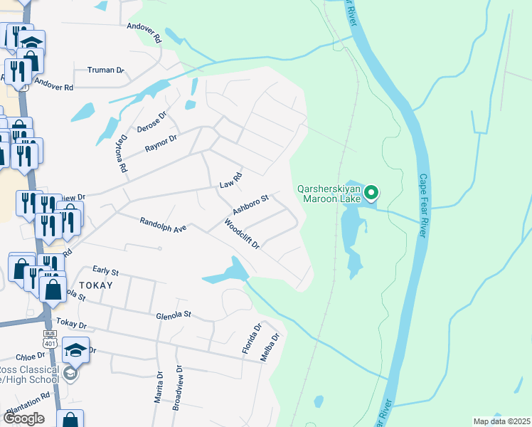 map of restaurants, bars, coffee shops, grocery stores, and more near 725 Rockwood Dr in Fayetteville