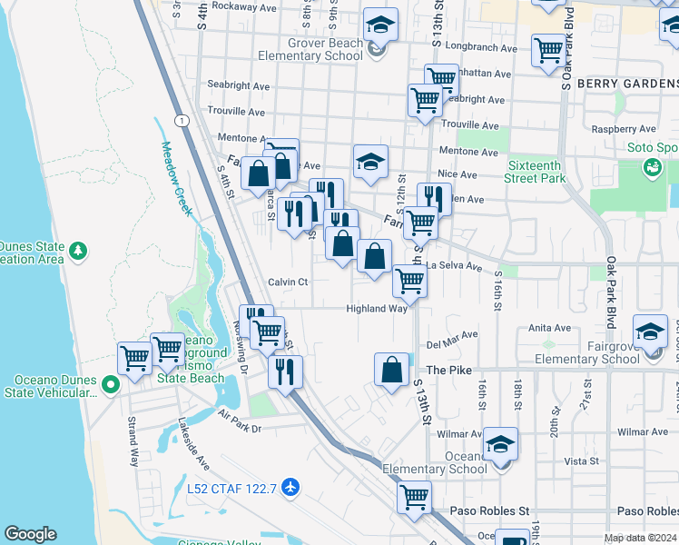 map of restaurants, bars, coffee shops, grocery stores, and more near 985 Huston Street in Grover Beach