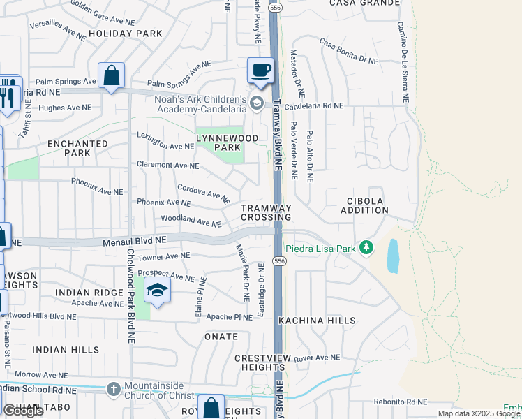 map of restaurants, bars, coffee shops, grocery stores, and more near 12519 Woodland Avenue Northeast in Albuquerque