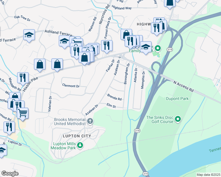map of restaurants, bars, coffee shops, grocery stores, and more near 3920 Azalean Drive in Chattanooga