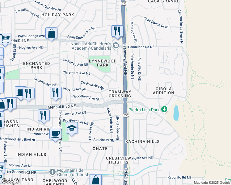 map of restaurants, bars, coffee shops, grocery stores, and more near 12519 Woodland Avenue Northeast in Albuquerque
