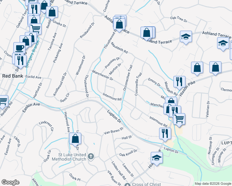 map of restaurants, bars, coffee shops, grocery stores, and more near 537 Acorn Court in Chattanooga