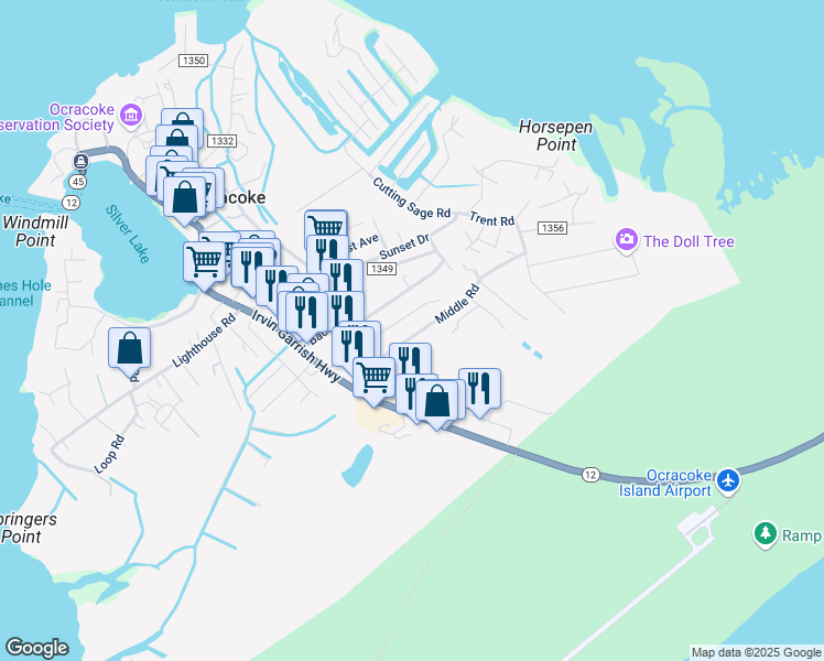 map of restaurants, bars, coffee shops, grocery stores, and more near 109 Middle Road in Ocracoke