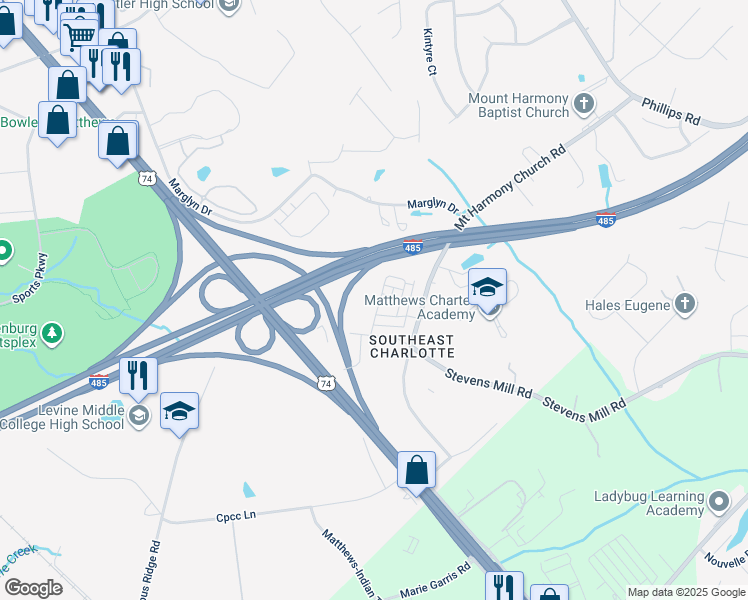 map of restaurants, bars, coffee shops, grocery stores, and more near 3117 Glenn Hope Way in Matthews