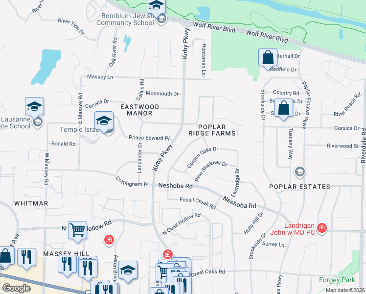 map of restaurants, bars, coffee shops, grocery stores, and more near 1403 Poplar Ridge Drive in Memphis