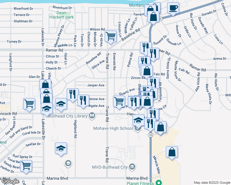 map of restaurants, bars, coffee shops, grocery stores, and more near 1275 Quartz Avenue in Bullhead City
