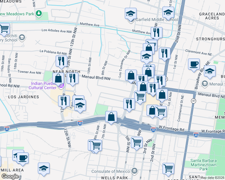 map of restaurants, bars, coffee shops, grocery stores, and more near 718 Towner Avenue Northwest in Albuquerque