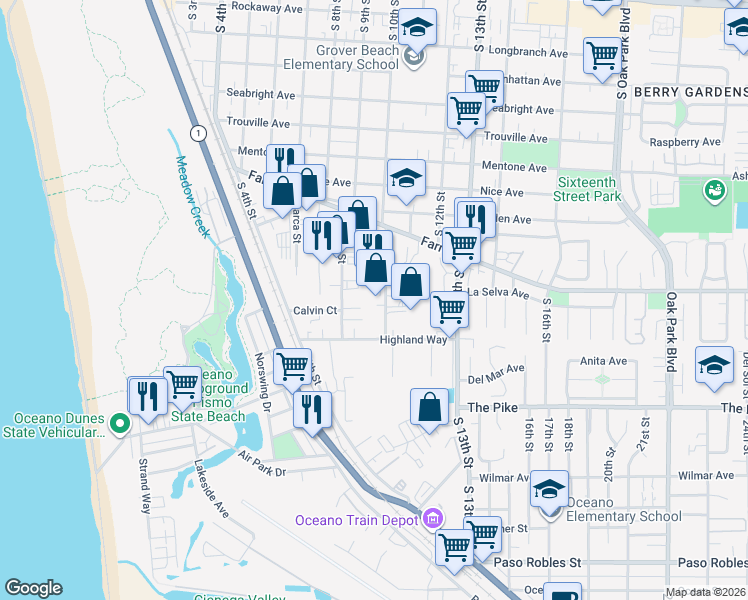 map of restaurants, bars, coffee shops, grocery stores, and more near 1030 Huston Street in Grover Beach