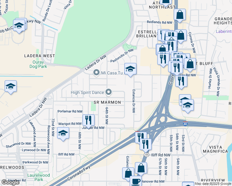 map of restaurants, bars, coffee shops, grocery stores, and more near 6300 Amberside Road Northwest in Albuquerque