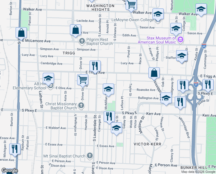 map of restaurants, bars, coffee shops, grocery stores, and more near 1340 McMillan Street in Memphis