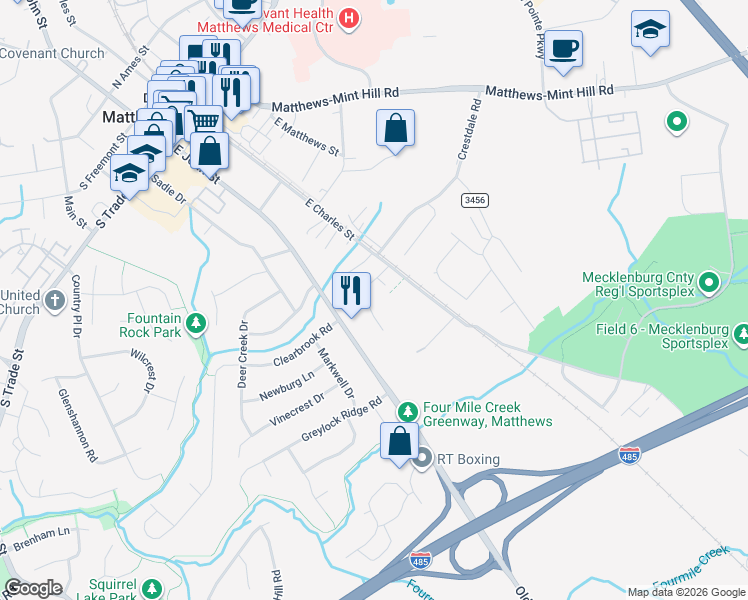 map of restaurants, bars, coffee shops, grocery stores, and more near 727 Selma Burke Lane in Matthews