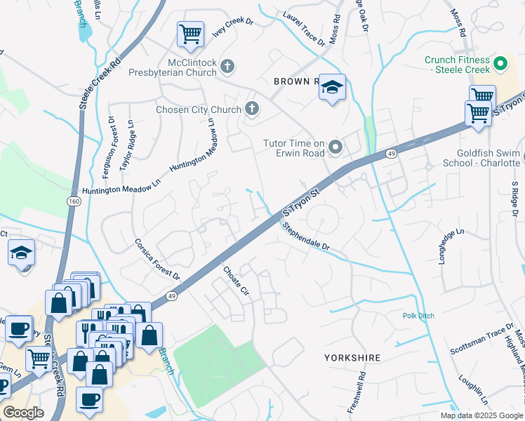 map of restaurants, bars, coffee shops, grocery stores, and more near 13511 Montoy Way in Charlotte