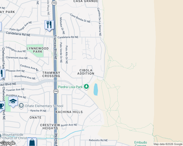 map of restaurants, bars, coffee shops, grocery stores, and more near 2501 Madre Drive Northeast in Albuquerque