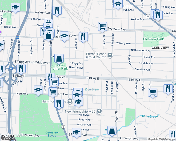 map of restaurants, bars, coffee shops, grocery stores, and more near 1421 Gleason Ave in Memphis