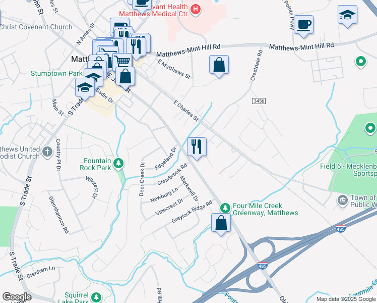 map of restaurants, bars, coffee shops, grocery stores, and more near 723 East John Street in Matthews