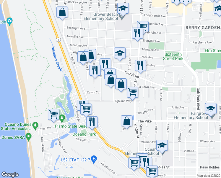 map of restaurants, bars, coffee shops, grocery stores, and more near 1030 Huston Street in Grover Beach