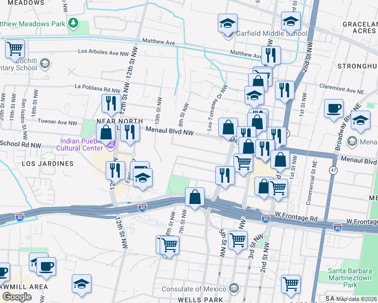 map of restaurants, bars, coffee shops, grocery stores, and more near 718 Towner Avenue Northwest in Albuquerque