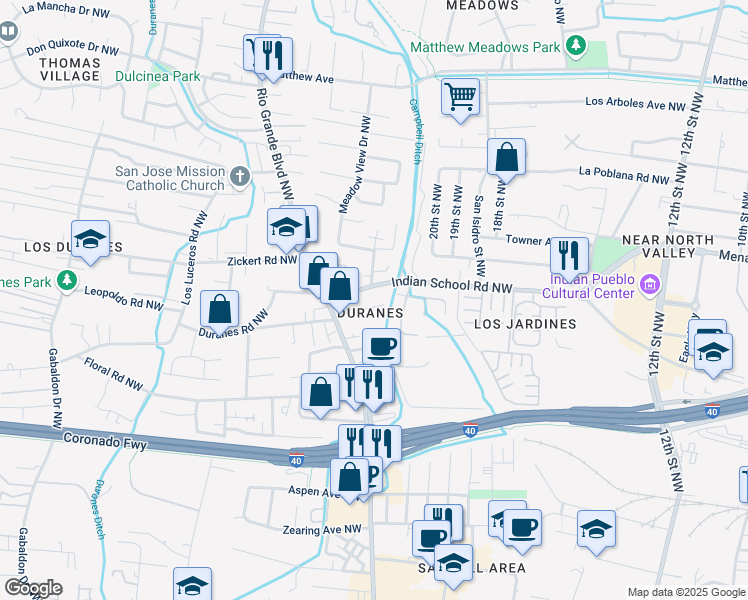 map of restaurants, bars, coffee shops, grocery stores, and more near 2228 Indian School Road Northwest in Albuquerque
