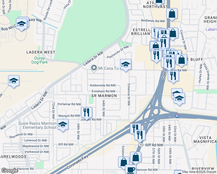 map of restaurants, bars, coffee shops, grocery stores, and more near 6300 Amberside Road Northwest in Albuquerque