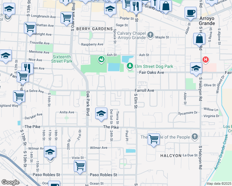 map of restaurants, bars, coffee shops, grocery stores, and more near 1211B Farroll Avenue in Arroyo Grande