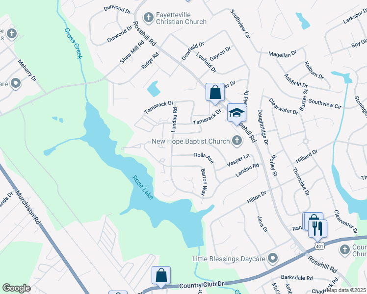 map of restaurants, bars, coffee shops, grocery stores, and more near 3557 Torbay Drive in Fayetteville