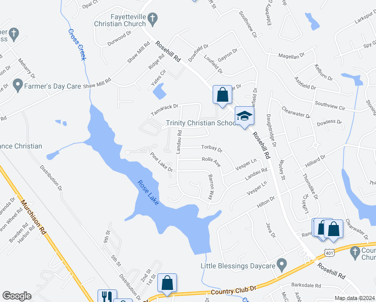 map of restaurants, bars, coffee shops, grocery stores, and more near 3573 Torbay Drive in Fayetteville