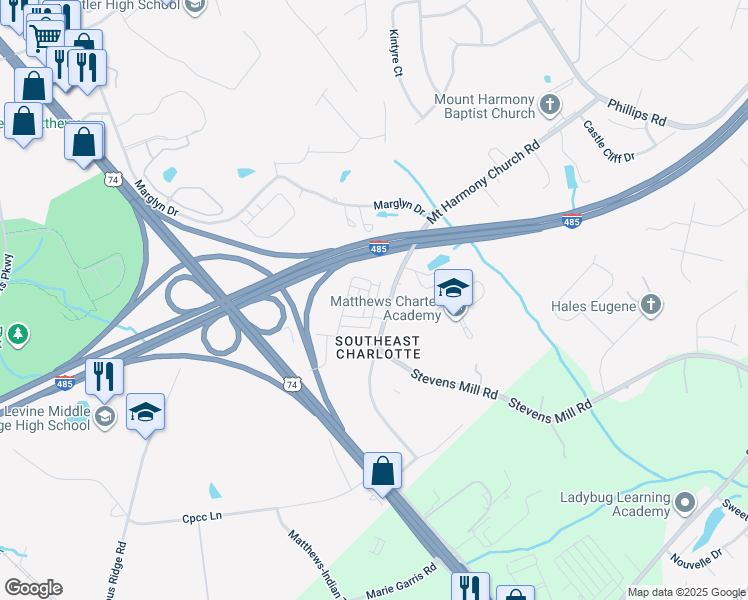 map of restaurants, bars, coffee shops, grocery stores, and more near 2307 Mount Harmony Church Road in Matthews