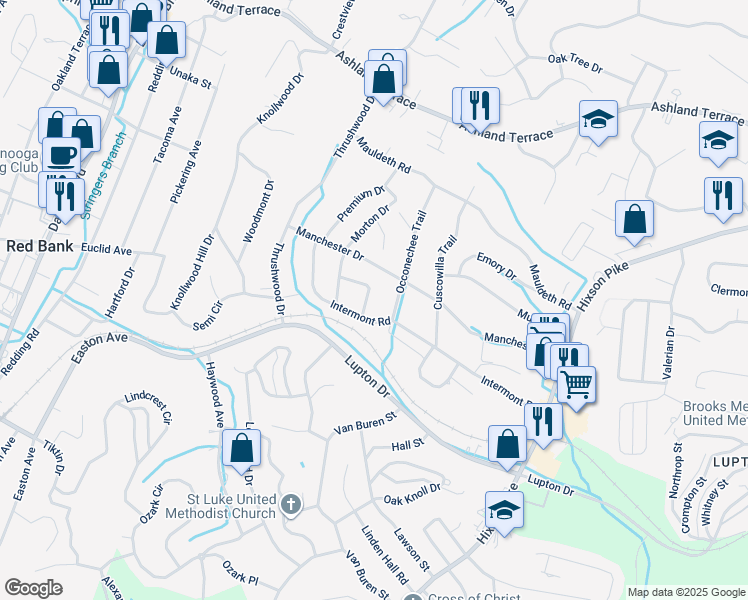 map of restaurants, bars, coffee shops, grocery stores, and more near 537 Acorn Court in Chattanooga