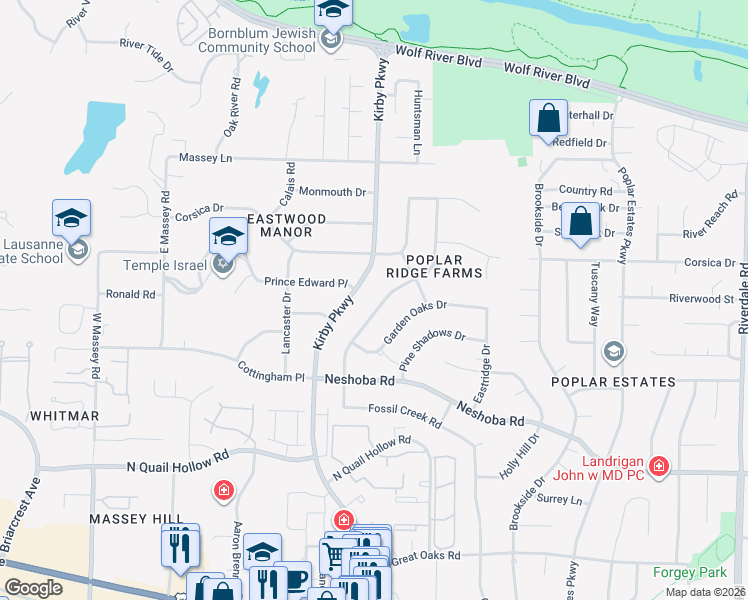 map of restaurants, bars, coffee shops, grocery stores, and more near 1403 Poplar Ridge Drive in Memphis
