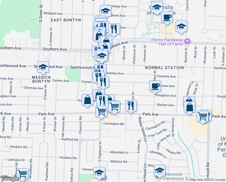 map of restaurants, bars, coffee shops, grocery stores, and more near 3537 Clayphil Avenue in Memphis