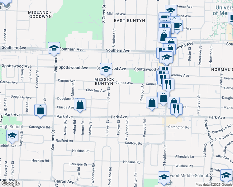 map of restaurants, bars, coffee shops, grocery stores, and more near 780 South Greer Street in Memphis