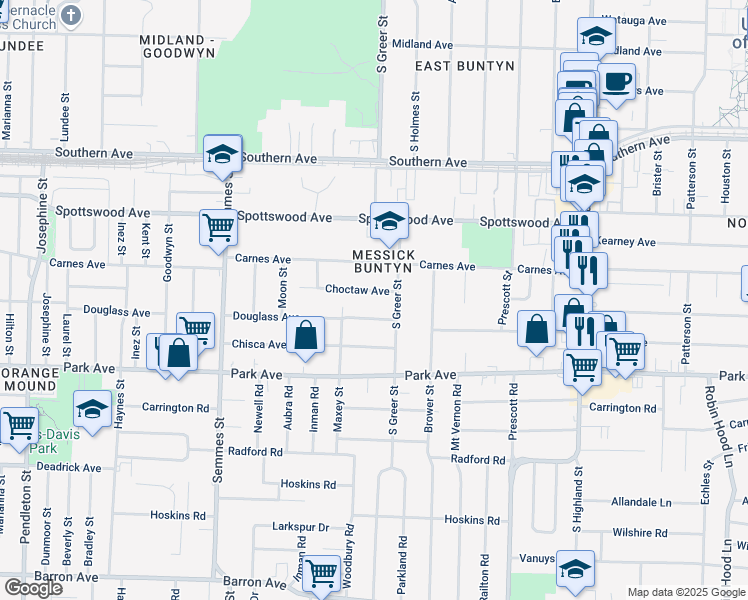 map of restaurants, bars, coffee shops, grocery stores, and more near 3225 Choctaw Avenue in Memphis