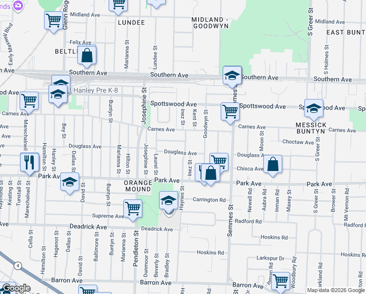 map of restaurants, bars, coffee shops, grocery stores, and more near 791 Inez Street in Memphis
