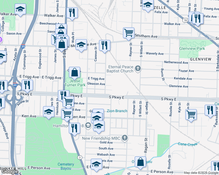 map of restaurants, bars, coffee shops, grocery stores, and more near 1421 Gleason Avenue in Memphis
