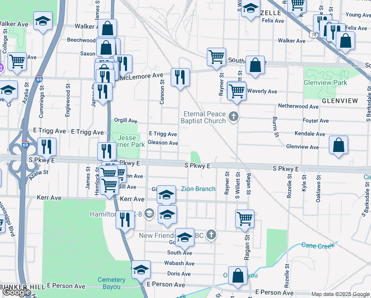 map of restaurants, bars, coffee shops, grocery stores, and more near 1421 Gleason Avenue in Memphis