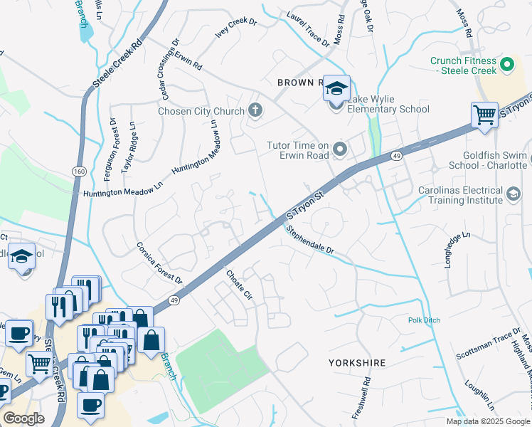 map of restaurants, bars, coffee shops, grocery stores, and more near 13511 Montoy Way in Charlotte
